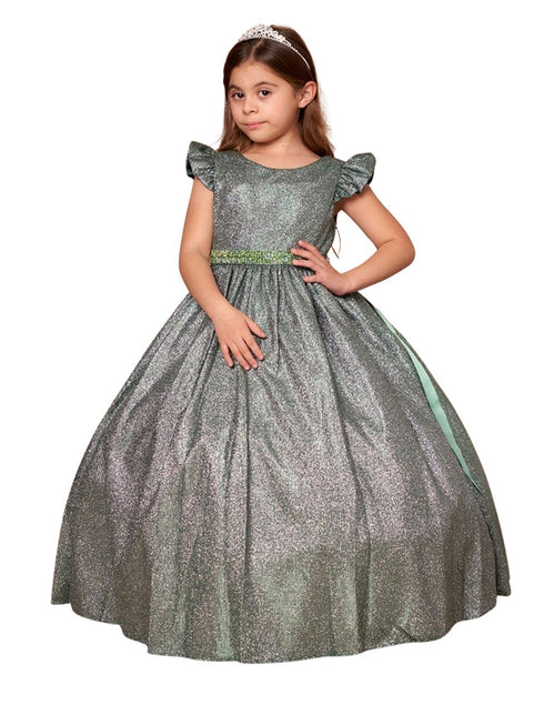 Big Girls Emerald Green Metallic Flutter Sleeve Junior Bridesmaid Dress 8-16 - SophiasStyle.com